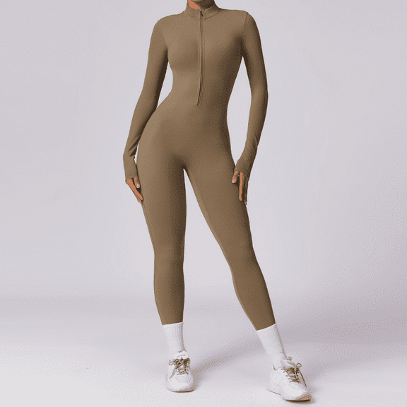 Women’s Long Sleeve Zip Front Full Length Active Bodysuit Stretchy Slim Fit One-Piece Jumpsuit Athletic Workout Yoga Training Suit High Waist Compression Sport Romper for Gym Fitness