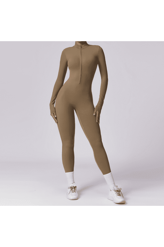 Women’s Long Sleeve Zip Front Full Length Active Bodysuit Stretchy Slim Fit One-Piece Jumpsuit Athletic Workout Yoga Training Suit High Waist Compression Sport Romper for Gym Fitness