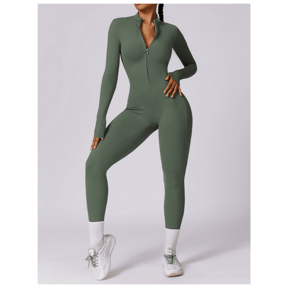 Women’s Long Sleeve Zip Front Full Length Active Bodysuit Stretchy Slim Fit One-Piece Jumpsuit Athletic Workout Yoga Training Suit High Waist Compression Sport Romper for Gym Fitness