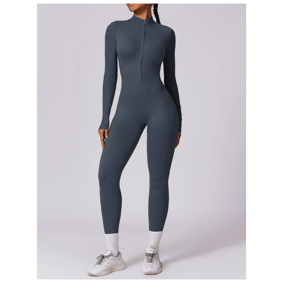 Women’s Long Sleeve Zip Front Full Length Active Bodysuit Stretchy Slim Fit One-Piece Jumpsuit Athletic Workout Yoga Training Suit High Waist Compression Sport Romper for Gym Fitness