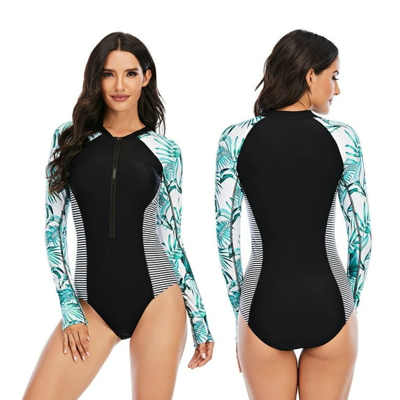 Women's Long Sleeve Zip Front Rashguard Swimsuit Sun Protection Surfing Swimwear Bathing Suit