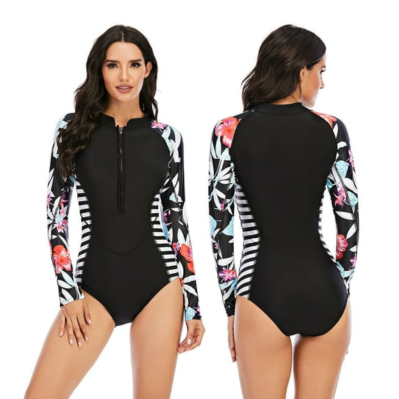 Women's Long Sleeve Zip Front Rashguard Swimsuit Sun Protection Surfing Swimwear Bathing Suit