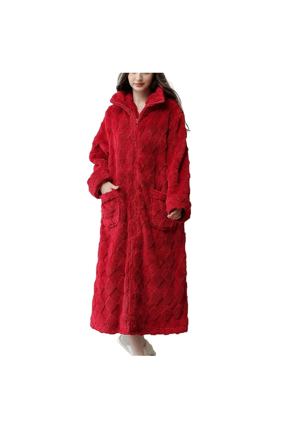 Women's Long Sleeve Zip Front Robe Fuzzy Soft Warm Long Bathrobe with Pockets Shawl Collar Casual Ladies Nightgowns