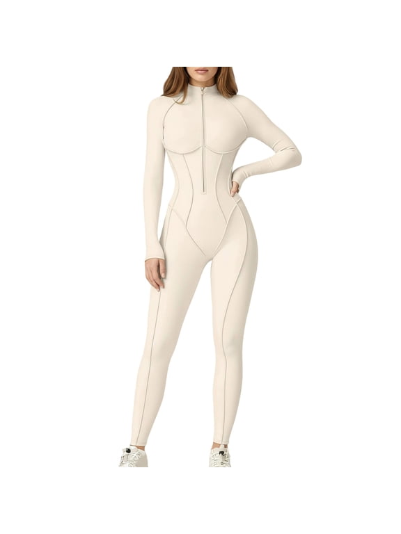 Women's Long Sleeve Zip-Front Yoga Jumpsuit High Waist Compression Full-Body Workout Bodysuit Stretchy Athletic Jumpsuit for Gym Comfy Wear