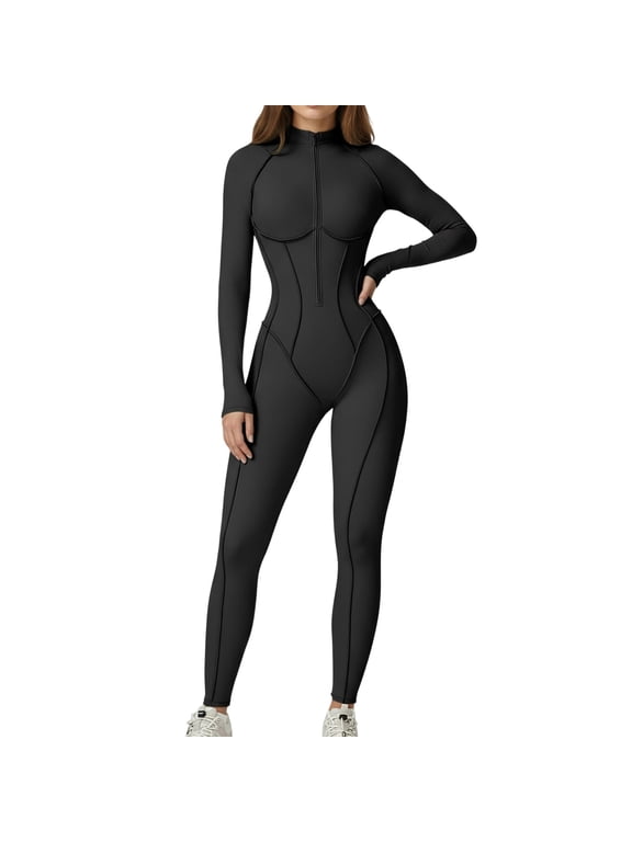 Women's Long Sleeve Zip-Front Yoga Jumpsuit High Waist Compression Full-Body Workout Bodysuit Stretchy Athletic Jumpsuit for Gym Comfy Wear