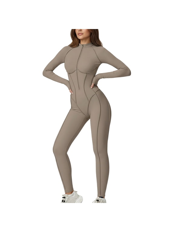 Women's Long Sleeve Zip-Front Yoga Jumpsuit High Waist Compression Full-Body Workout Bodysuit Stretchy Athletic Jumpsuit for Gym Comfy Wear