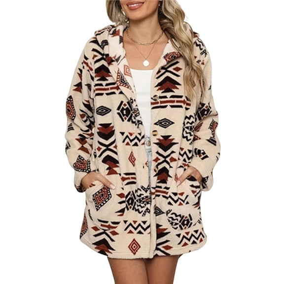Women's Long Sleeve Zip Up Coat Faux Fur Ethnic Print Fall Jacket with Pocket Teddy Cropped Oversized Outwear Khaki L