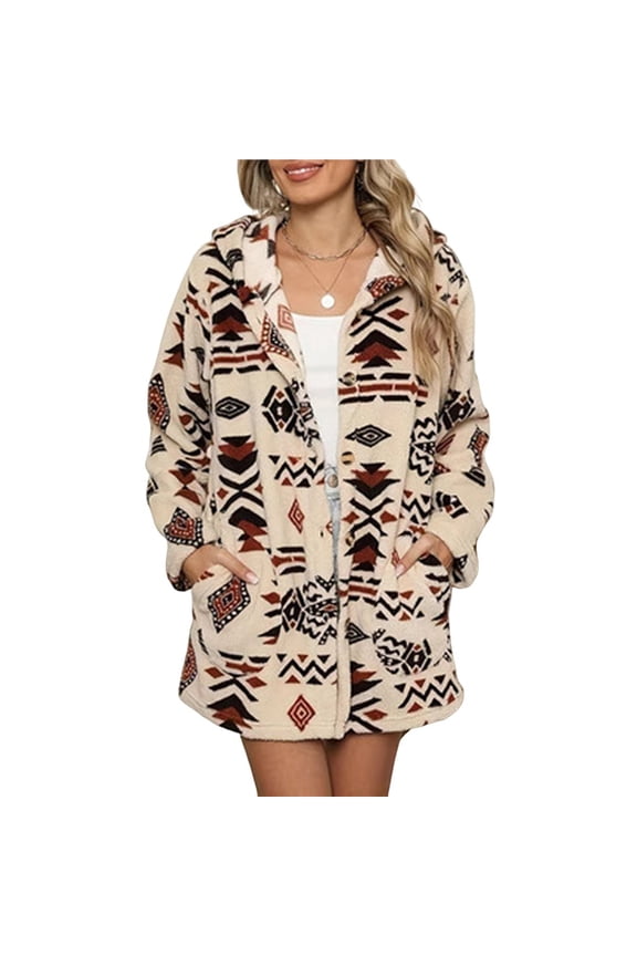 Women's Long Sleeve Zip Up Coat Faux Fur Ethnic Print Fall Jacket with Pocket Teddy Cropped Oversized Outwear Khaki S