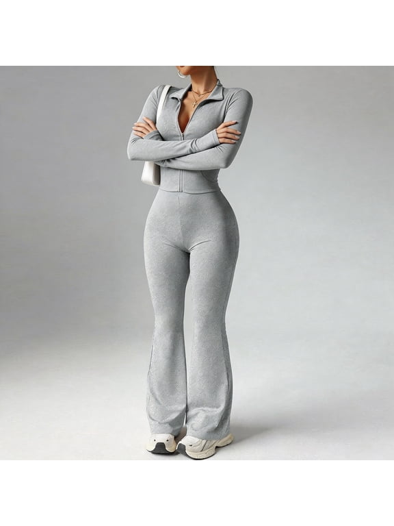 Women's Long Sleeve Zip Up Flare Jumpsuit, Ribbed Tummy Control Yoga One Piece Outfit, Seamless Workout Jumpsuit for Gym Casual Daily Wear 04-Gray S