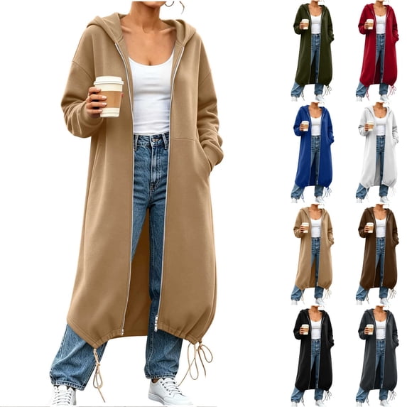 Women's Long Sleeve Zip Up Hoodie, Drawstring Hem Loose Hooded Sweatshirt Coat with Pockets,Khaki,Women's Plus Size S