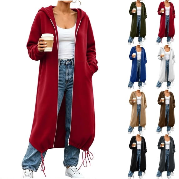 Women's Long Sleeve Zip Up Hoodie, Drawstring Hem Loose Hooded Sweatshirt Coat with Pockets,Red,Women's Plus Size S