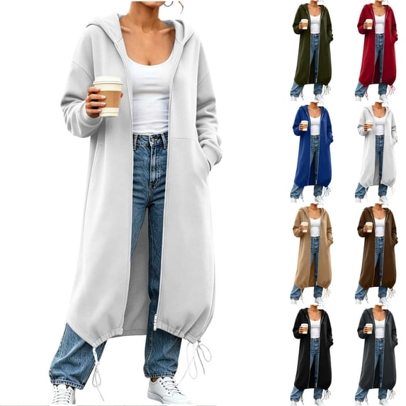 Women's Long Sleeve Zip Up Hoodie, Drawstring Hem Loose Hooded Sweatshirt Coat with Pockets,White,Women's Plus Size M