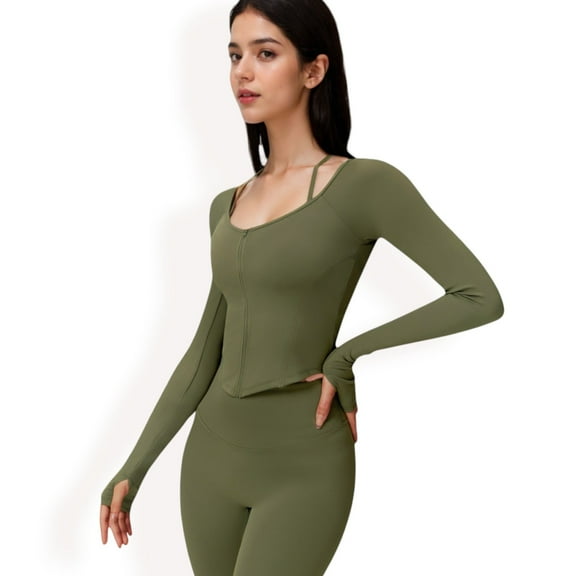 Women's Long Sleeve Zip-Up Top with Thumbholes - Small, Green