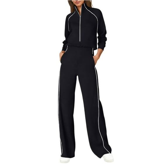 Women’s Long Sleeve Zip Up Tracksuit Set with Contrast Piping Relaxed Fit Top and Wide Leg Pants for Casual Wear