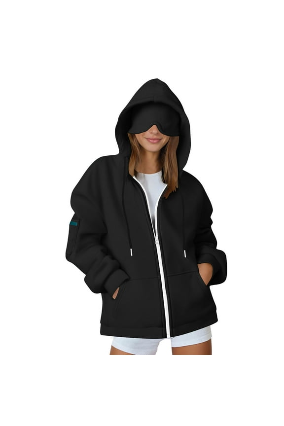 Women's Long Sleeve Zipper Eye Mask Hooded Sweatshirt Clothes Autumn Casual Drawstring Jacket with Pockets Sweatshirt Top Outerwear