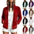 thumbnail image 1 of Women's Long Sleeve Zipper Velvet Jackets Stand Collar Lightweight Velour Coat With Side Pockets for Work Office, 1 of 7