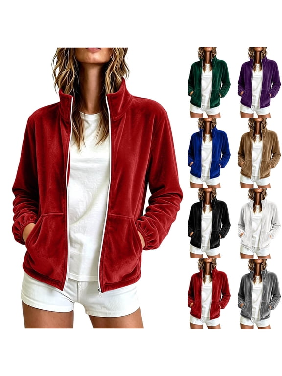 Women's Long Sleeve Zipper Velvet Jackets Stand Collar Lightweight Velour Coat With Side Pockets for Work Office