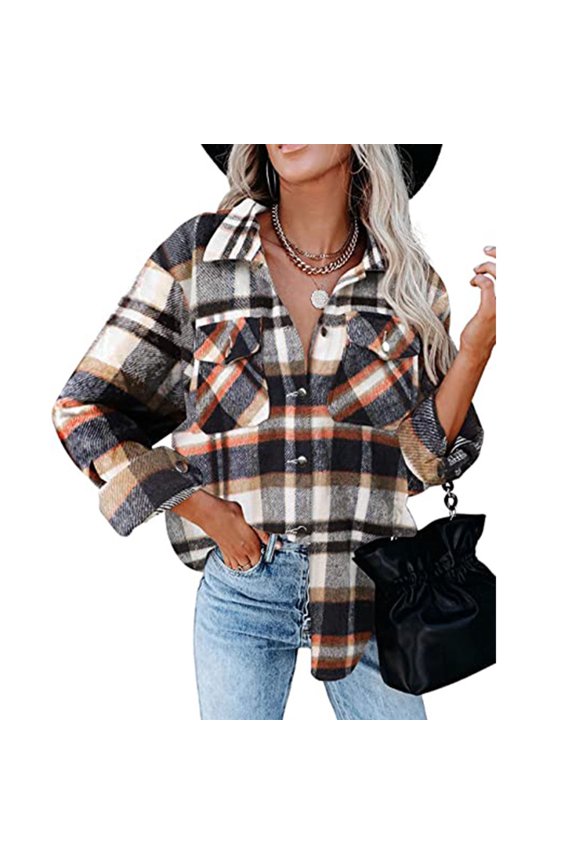 Women's Long Sleeve with Pockets, Soft & Breathable Grey L Autumn/Winter Plaid Shirt Jacket