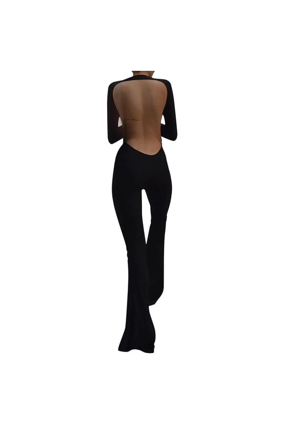 Women's Long Sleeved Backless Slim Straight Wide Leg Casual Jumpsuit Sequin Rompers for Women Lack Jumpsuit Baggy Womens Overalls Olive Jumpsuit Lace Overlay Cute Date Outfits Womens Jumpsuit Long
