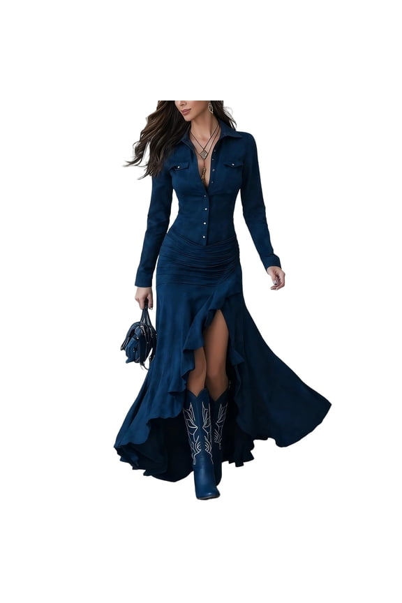 Women's Long-Sleeved Button-Up Extra-Long Dress Wrap-Up Asymmetrical Ruffled High-Height Western Women's Elegant Denim Dress, sizeS-2XL