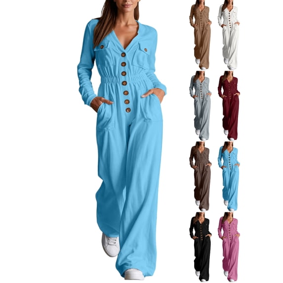Women's Long Sleeved Cargo Jumpsuit V-neck Long Sleeved Pants With Multiple Pockets Jumpsuit for Fall Winter