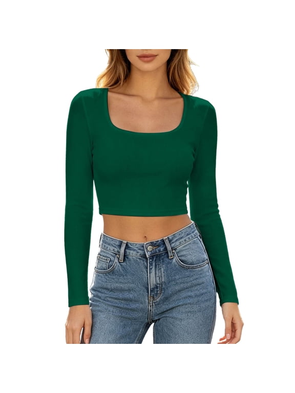 Women's Long Sleeved Cropped T Shirt Trendy Ribbed Slim Fit Fall Tops Ladies Causal Square Neck Solid Going out Tees Dark Green 01 L