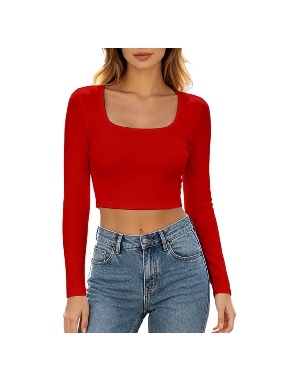 Women's Long Sleeved Cropped T Shirt Trendy Ribbed Slim Fit Fall Tops Ladies Causal Square Neck Solid Going out Tees Red 01 XS