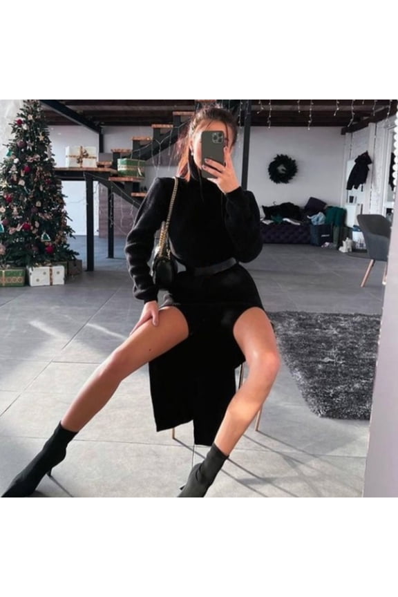 Women's Long Sleeved High Neck Knitted Two Thigh Slit Woolen Dress Winter Dresses for Women Long Sleeve Sweater Dresses for Women Long Knit Sweater Womens Long Sweat Dress Sweater Dresses for Juniors