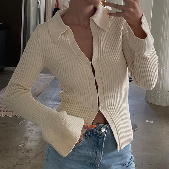 Women's Long Sleeved Hook Casual Street Style Flare Sleeve Knitted Cardigan Sweater Tops Women Summer Sweater Cardigans for Women Knitted Womens Striped Sweater Long Fuzzy Sweater Womens plus Size