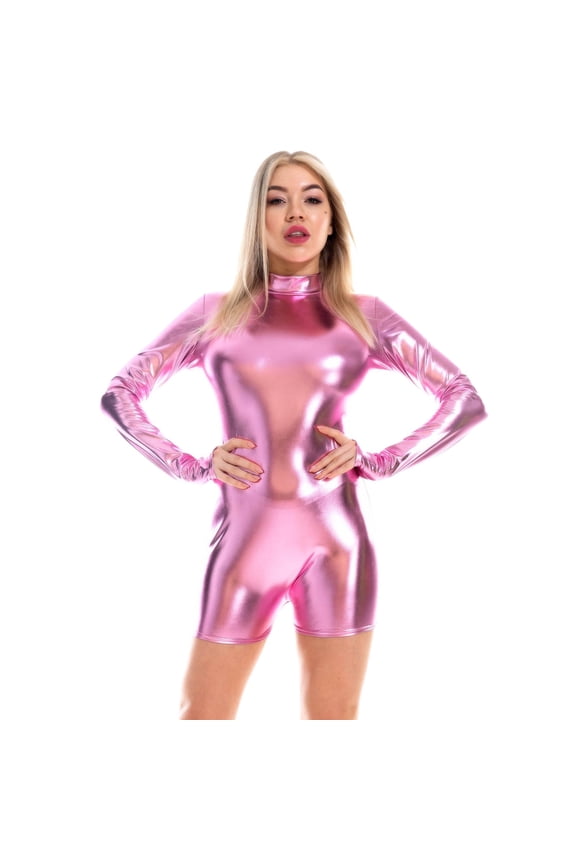 Women's Long Sleeved Leather Small Round Neck Zipper Finger Sleeve Jumpsuit Jumpsuit with Train Strap Jumpsuits for Women Women Jumpsuits plus Rompers with Open Legs Long Sleeve Wide Leg Jumpsuit