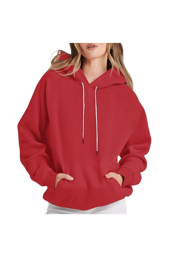 Women's Long Sleeved Pullover Hooded Fashion Solid T-shirt Drawstring Blouse Round Neck Casual Tops Hooded Sweatshirts
