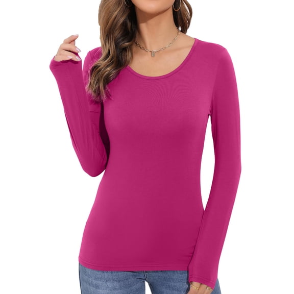 Women's Long-Sleeved Round Neck Rayon Slim Fit Stretch Base Layer T-Shirt Top