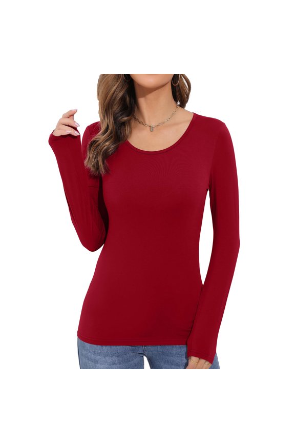 Women's Long-Sleeved Round Neck Rayon Slim Fit Stretch Base Layer T-Shirt Top