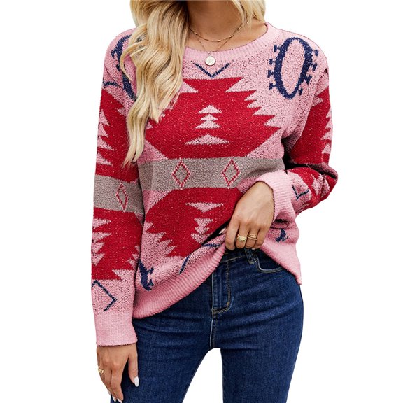 Women's Long-Sleeved Round-Neck Sweater Autumn and Winter Fashion Contrast Color Jacquard Pullover Top Christmas Sweater Pink S
