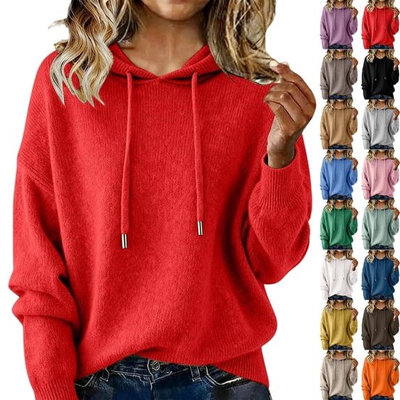 Women's Long Sleeved Solid Color Hooded Pullover Knitted Sweater Tops