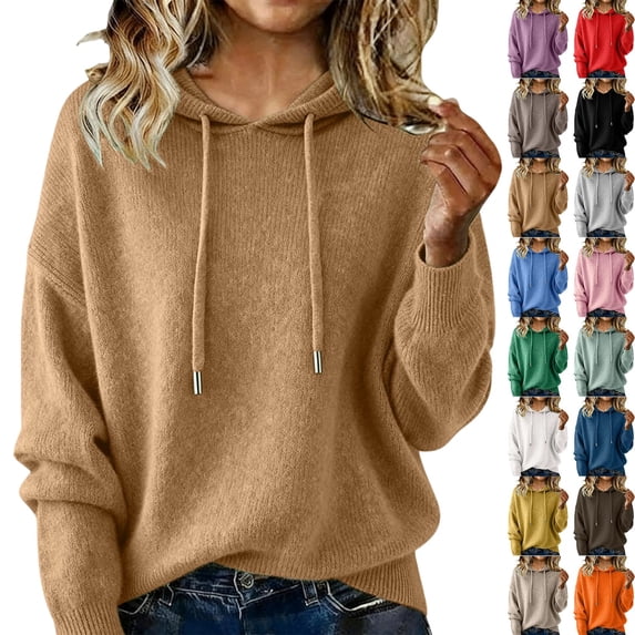 Women's Long Sleeved Solid Color Hooded Pullover Knitted Sweater Tops