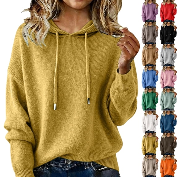 Women's Long Sleeved Solid Color Hooded Pullover Knitted Sweater Tops