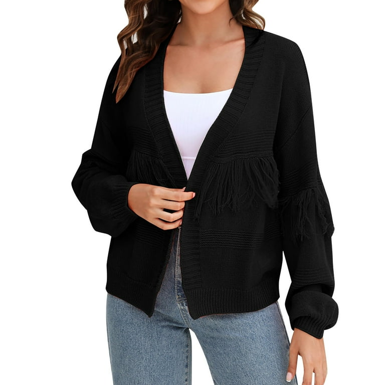 Women s Long Sleeved Solid Color Short Knitted Cardigan Fringed Sweater Cardigan Womens Cardigan Petite Sweater for Women Open Front Animal Print Kimonos for Women Female Sweaters And Cardigans Neck W...