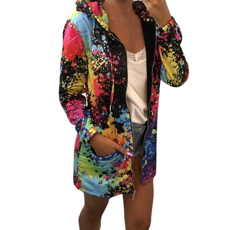Women's Long-Sleeved Splash-Ink Printed Hooded Mid-Length Fleece Sweater