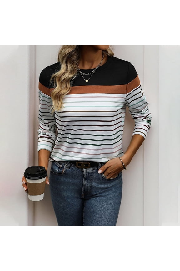 Women's Long-Sleeved Striped Casual Simple T-Shirt for Commuting