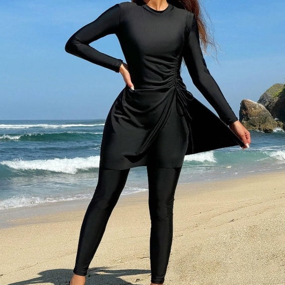 Women's Long-Sleeved Surfing Suits Modest Long-Sleeve Swim Tops Long Leggings Conservative Diving Suits Black Womens Tankini Bathing Suits M