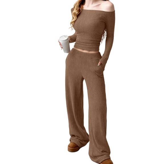Women's Long-Sleeved Top and Elastic Waist Wide-Leg Pants Fashion Casual Suit, Comfortable and Stylish Everyday Ensemble,Brown,S