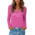 thumbnail image 1 of Women's Long Sleeved V Neck Graphic T Shirt Trendy Letter Printed Loose Fit Fall Tops Ladies Causal Going out Tunic Tees Hot Pink 01 XL, 1 of 5