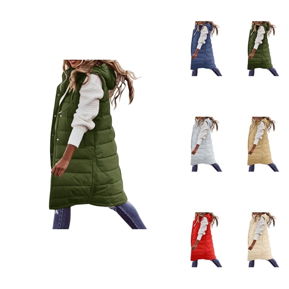 Women's Long Sleeveless Down Vest with Hood, Lightweight Quilted Winter Coat, Packable Warm Puffer Jacket with Pockets