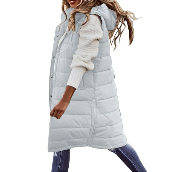 Women's Long Sleeveless Hooded Down Coat Vest with Pockets, Polyester, for Winter Outdoor Activities