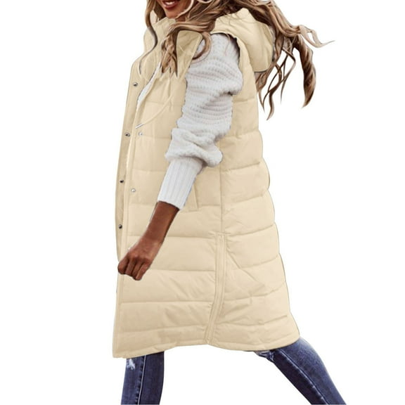Women's Long Sleeveless Hooded Down Coat Vest with Pockets, Polyester, for Winter Outdoor Activities
