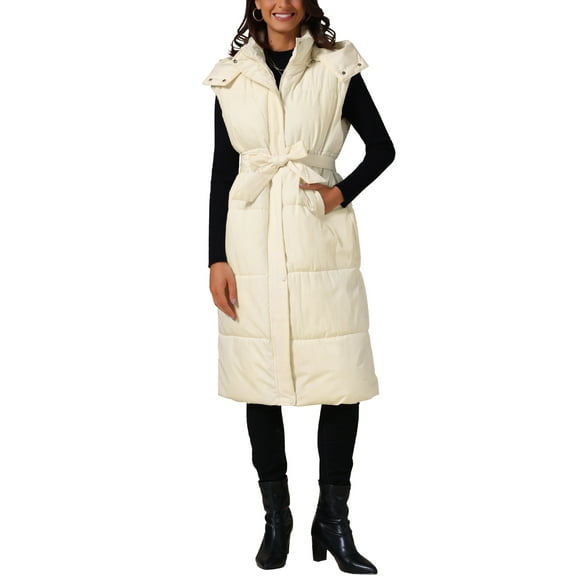 INSPIRE CHIC Women's Long Sleeveless Hooded Pockets Belted Winter Vest Outerwear Jackets 2XL Beige