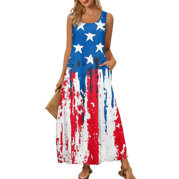 Women's Long Sleeveless Sundress Casual Round Neck Design with Independence Day Print, Loose Fit for Beach Vacations,Wine S