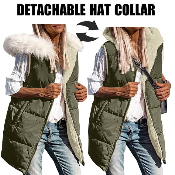 Women's Long Sleeveless Winter Jacket - Hooded Coat with Pockets & Detachable Hat Collar, Quilted Warm Outerwear for Casual Cold Days Army Green XXL