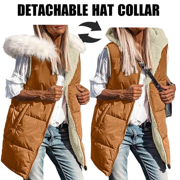 Women's Long Sleeveless Winter Jacket - Hooded Coat with Pockets & Detachable Hat Collar, Quilted Warm Outerwear for Casual Cold Days Brown XXL